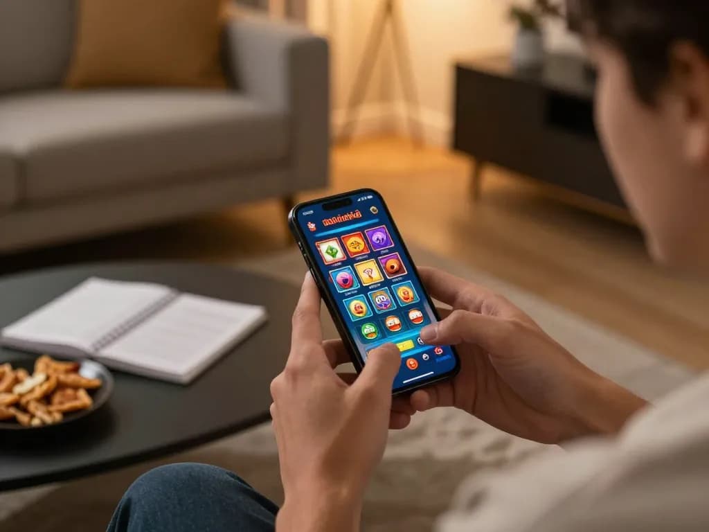 Engaging in สล็อตวอเลท mobile gaming on a smartphone in a cozy living room setting