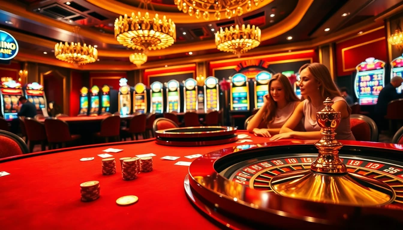 Joueurs engagés profitant du meilleur casino en ligne 2026, scène de casino vibrante avec roulette et machines à sous.