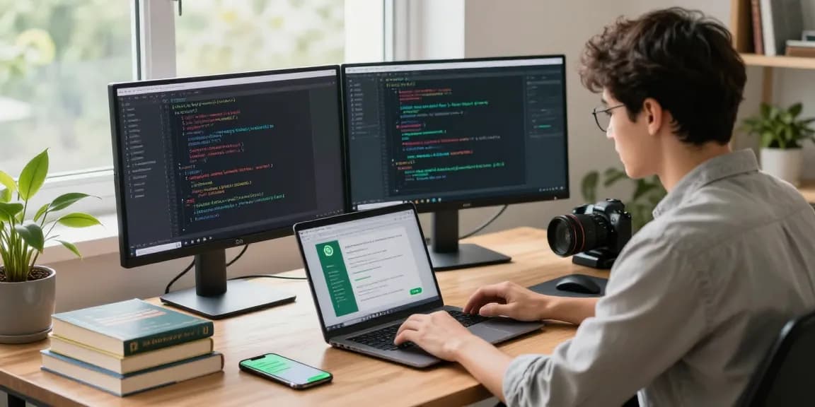 Developer showcasing gbwhatsapp features in a modern workspace with technology elements.