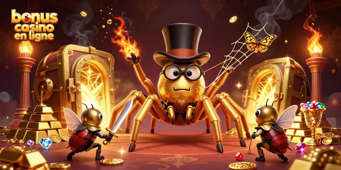 Profitez de bonus casino en ligne avec une scène magique de tarentule dorée et un chevalier.