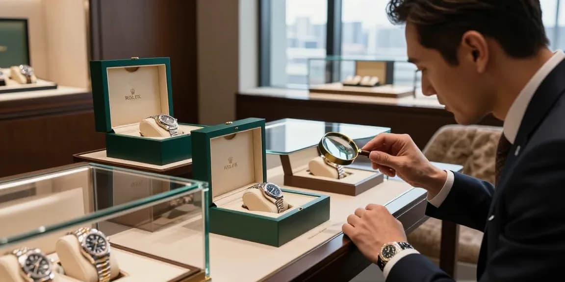 Detailed examination of a rolex replica in an upscale boutique, showcasing luxury and craftsmanship.
