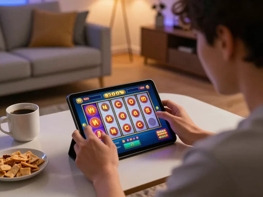 Engaging moment playing slot bet 200 perak on a tablet in a cozy home environment