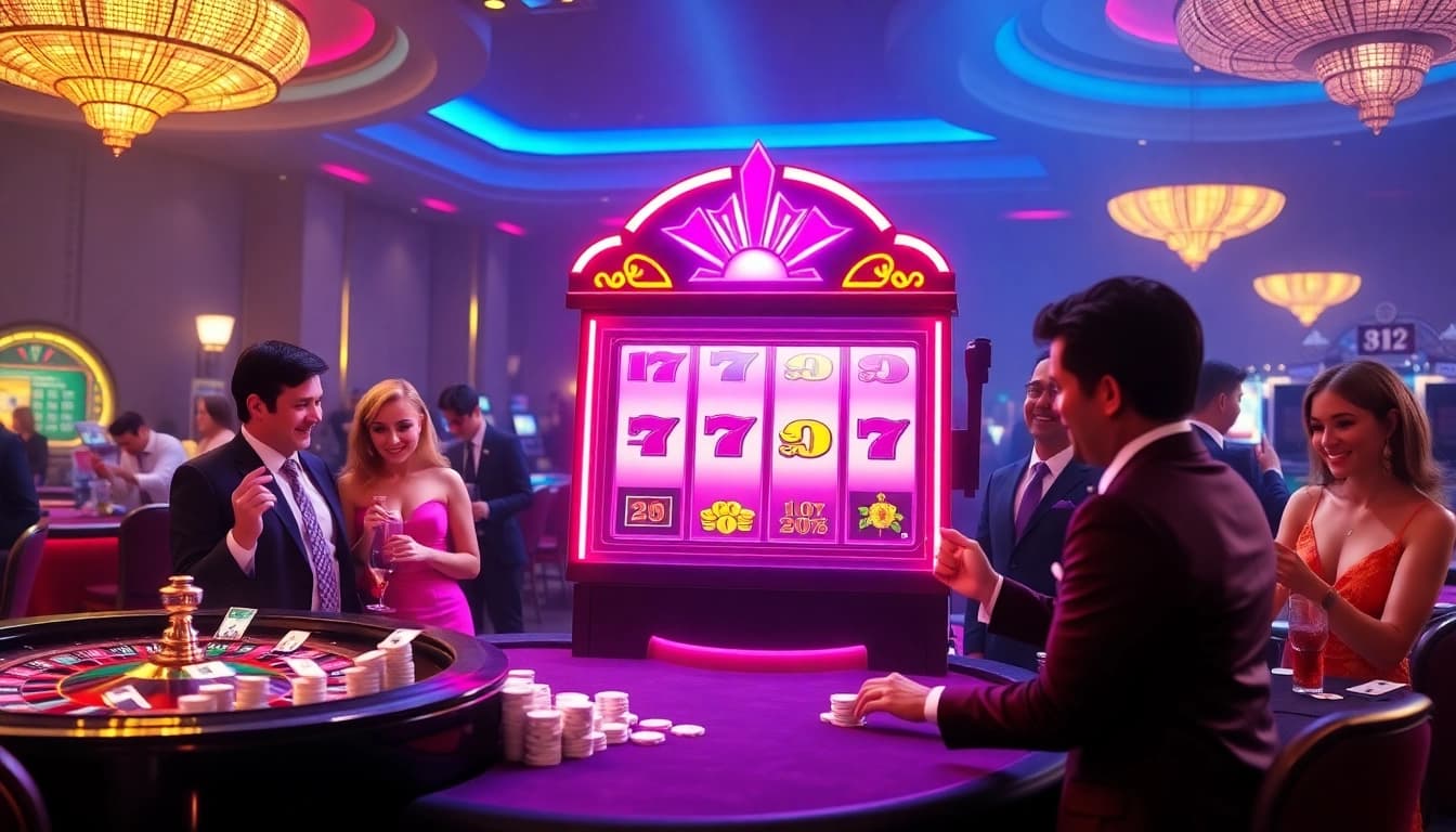 Players celebrating their wins at a luxurious casino's nổ hũ slot machine game.