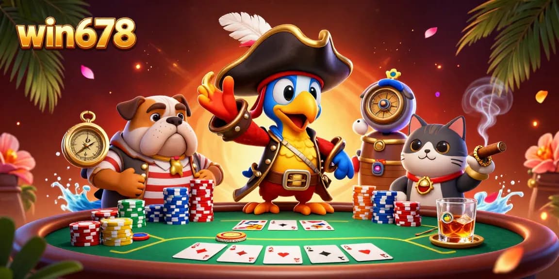 Experience the vibrant win678 casino scene with a pirate captain and a team at a poker table.
