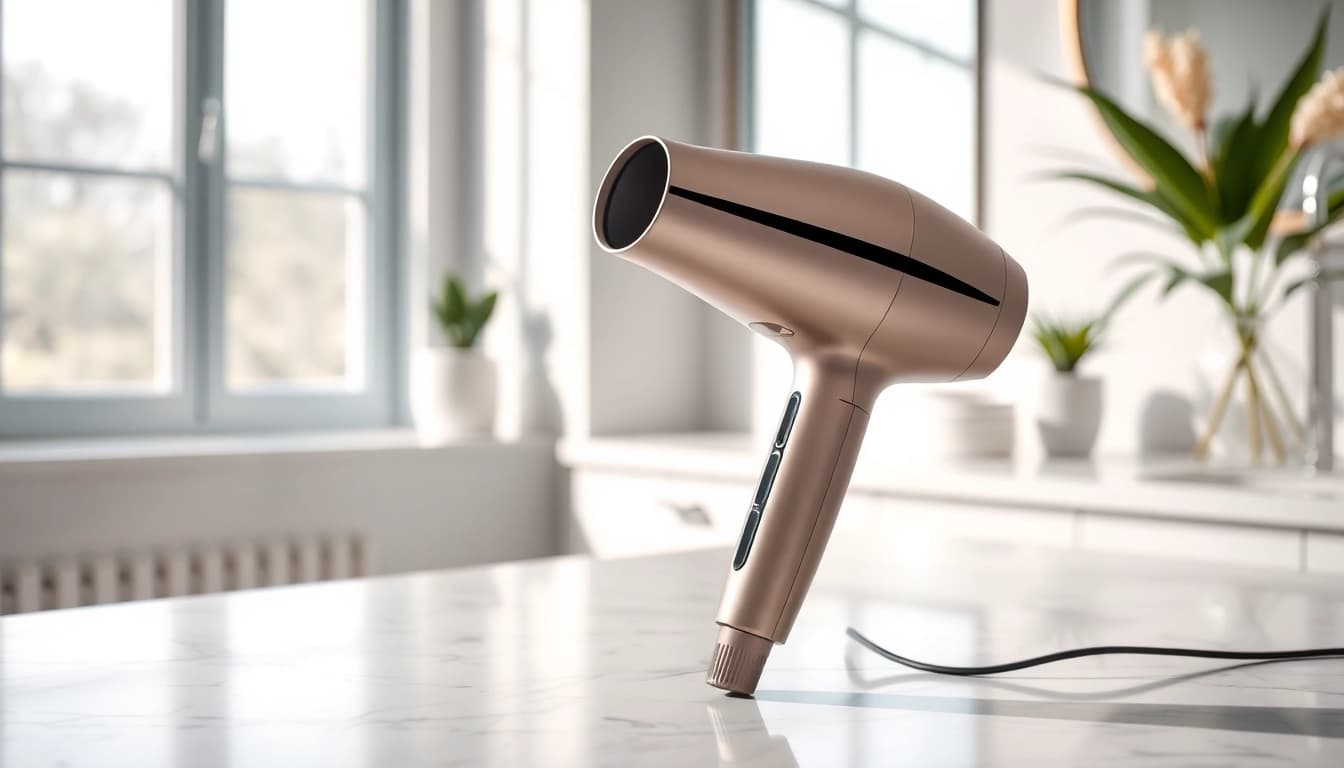 Using a hair dryer for fine hair to achieve beautiful hairstyles in a serene bathroom setting.
