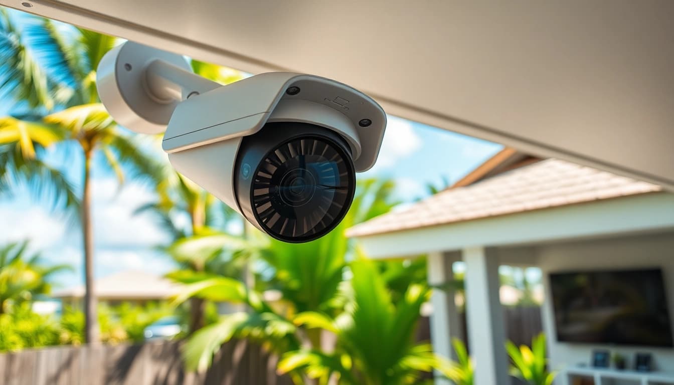 Cámaras de seguridad de alta tecnología en Liberia, mostrando soluciones modernas de vigilancia en un hogar tropical.