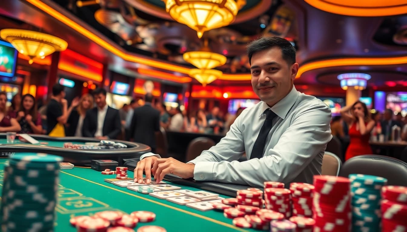 Bak gambar pakde4d yang menunjukkan dealer kasino profesional sedang melayani pelanggan dengan penuh semangat.