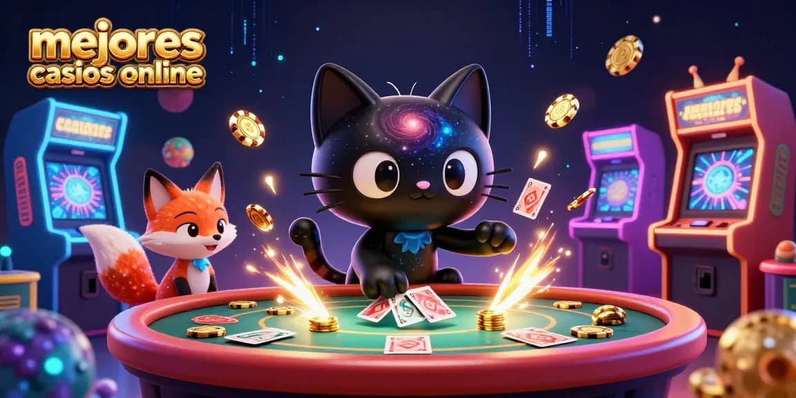 Mejores casinos online mostrando un gato negro gravitatorio atraído chips dorados y cartas en un fondo cósmico.