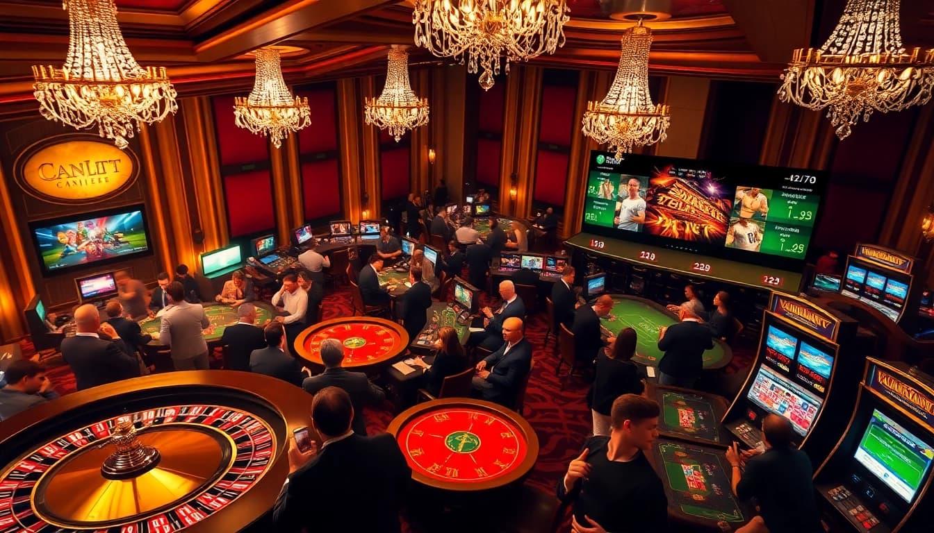 Experience high-stakes excitement with trực tiếp bóng đá VanKhanhTV, showcasing live sports betting in a luxurious casino.