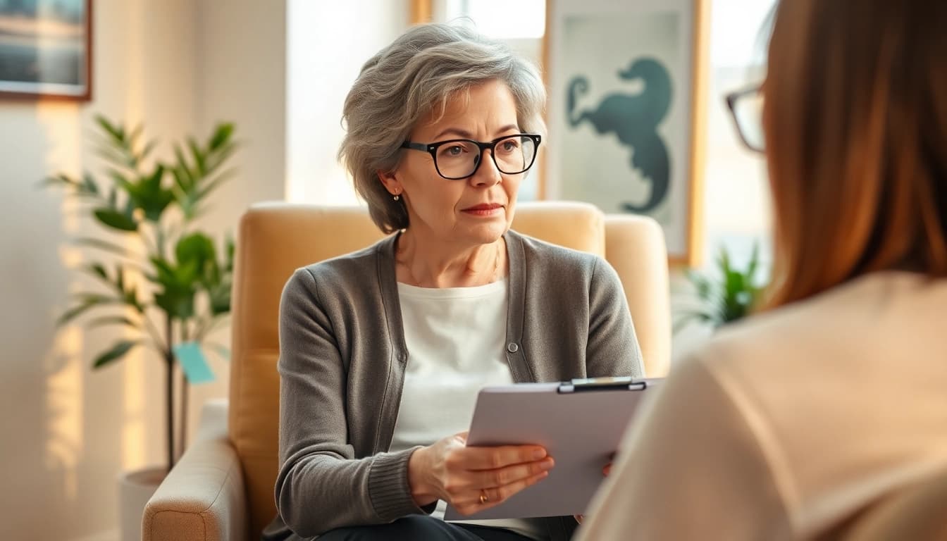 Anxiety symptoms analyzed in a cozy therapist's office with calming decor.