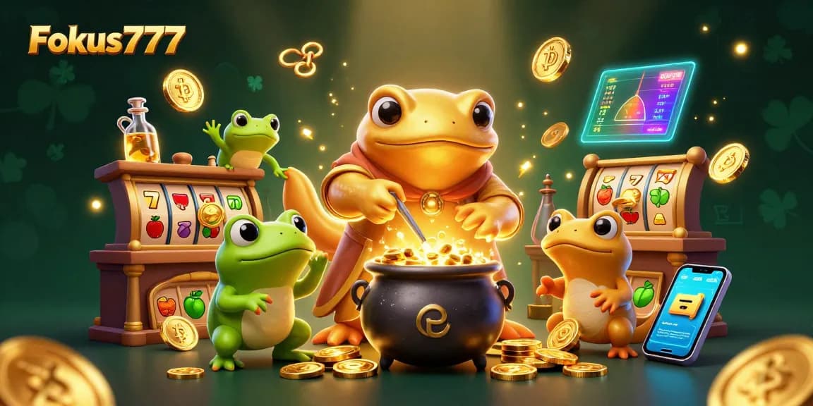 Win big with Fokus777 slots as the golden salamander and frog mix magic in a vibrant 3D casino