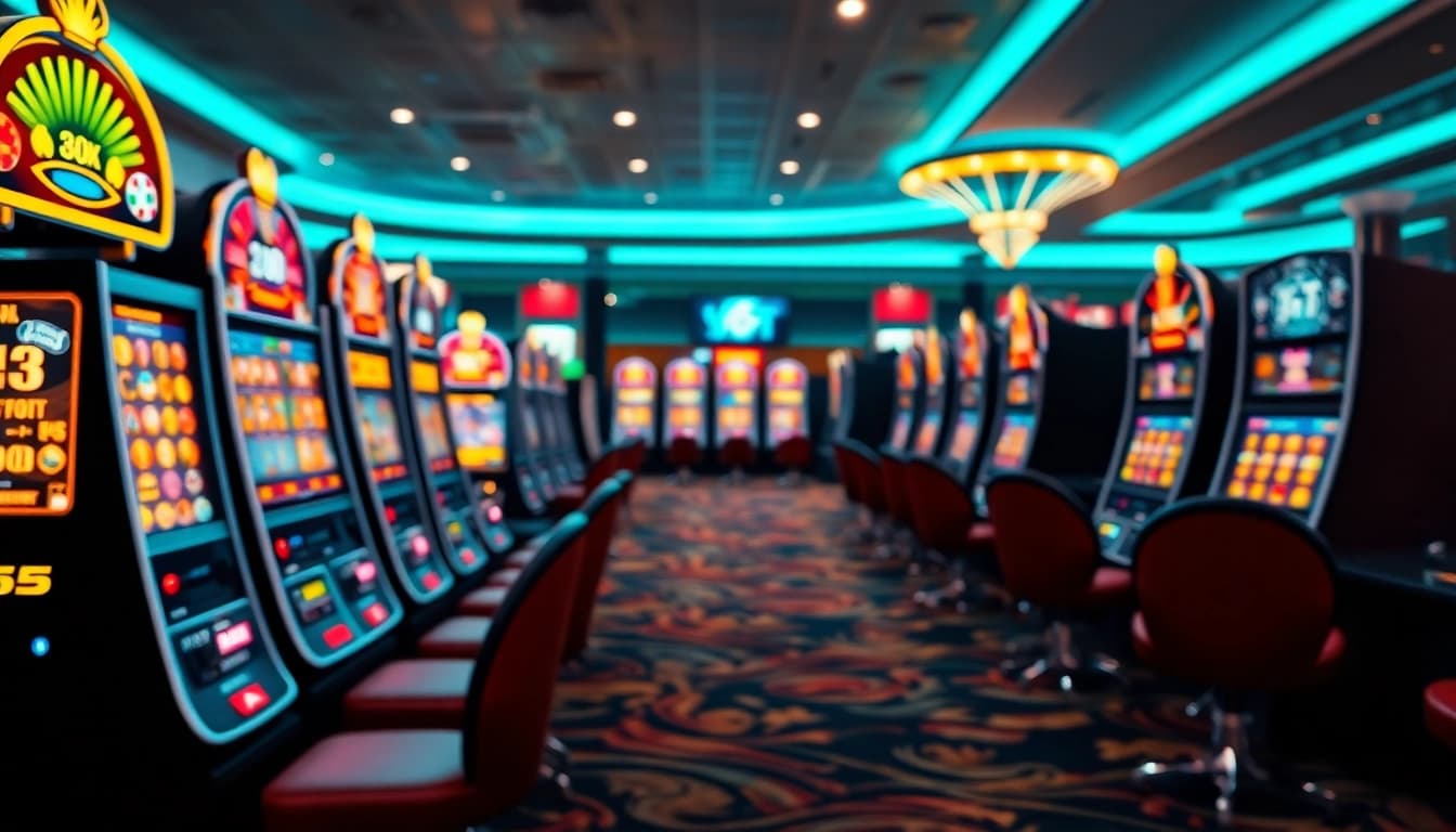 Jelajahi slot pulsa dengan suasana kasino elektronik yang penuh energi dan warna-warni.
