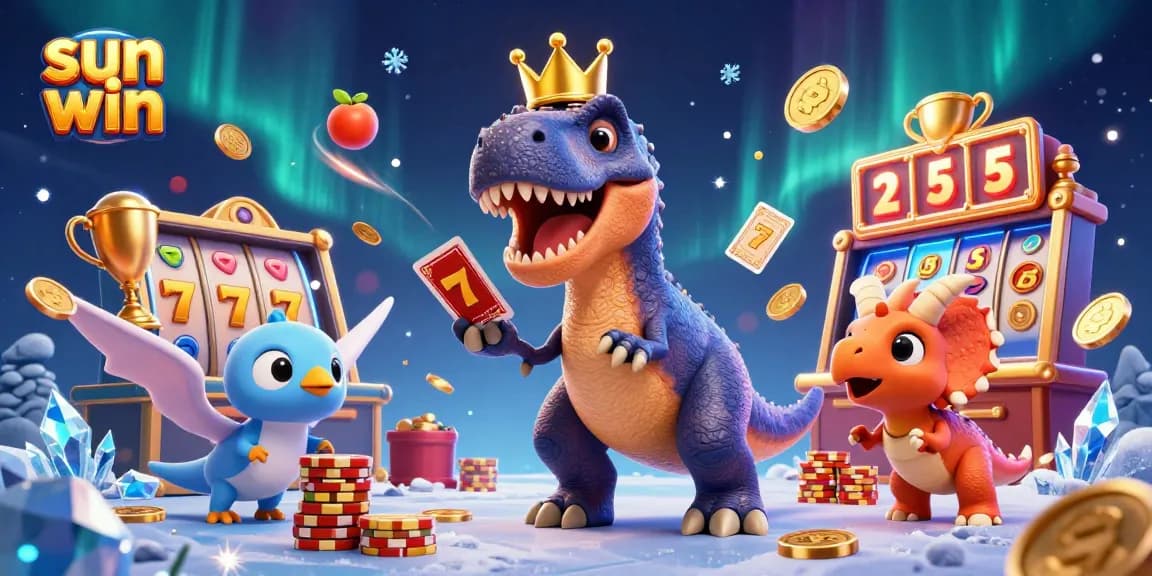 Sun win showcases a lively casino scene with a T-Rex, pterodactyl, and triceratops engaging in fun gambling activities.