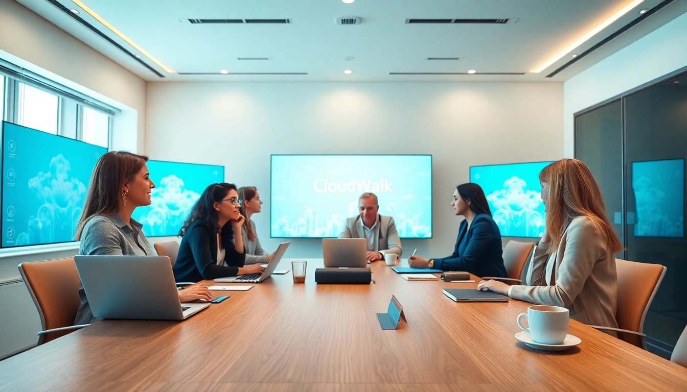 Engaged team discussing CloudWalk solutions in a modern meeting room.