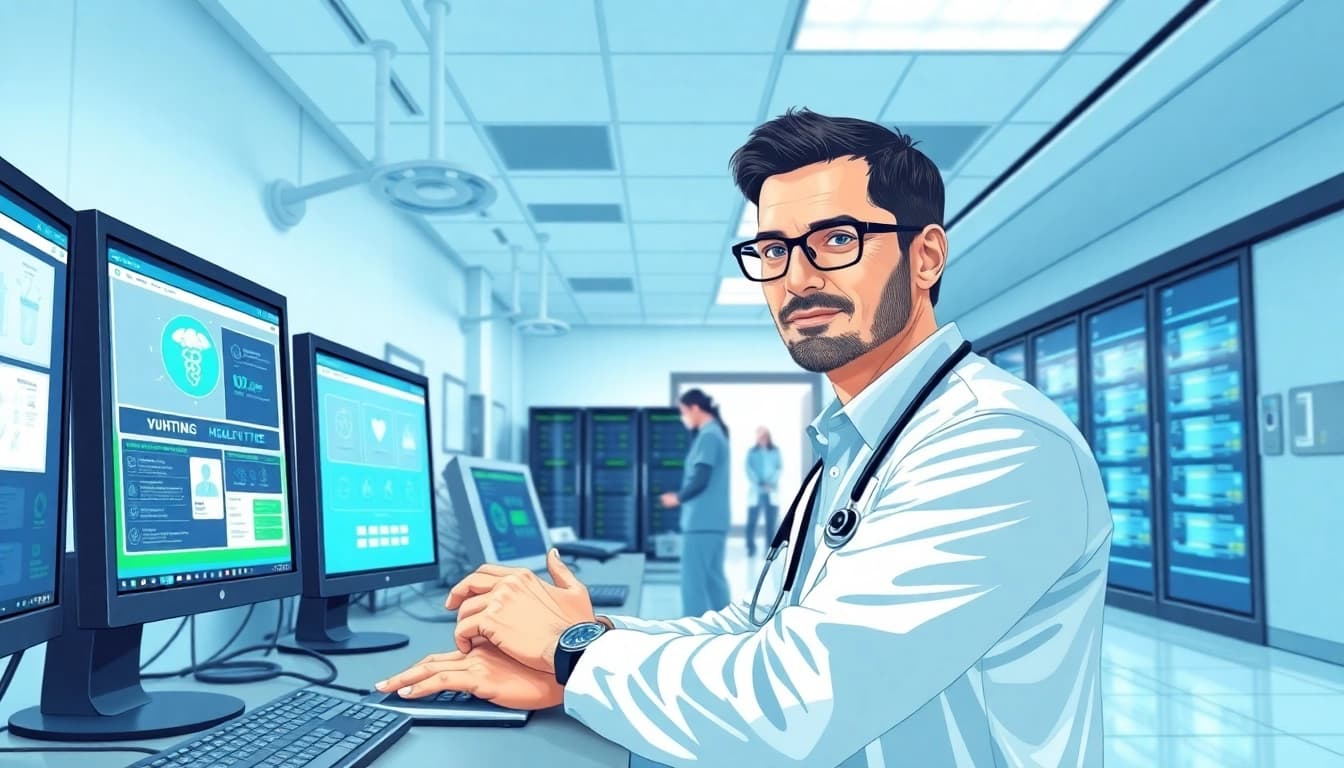 IT Services for Healthcare Tampa showcased in a modern medical facility with IT professional and advanced technology.