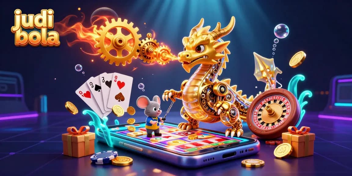 Engage in judi bola with a vibrant 3D scene featuring a golden dragon and a mouse engineer surrounded by casino elements.