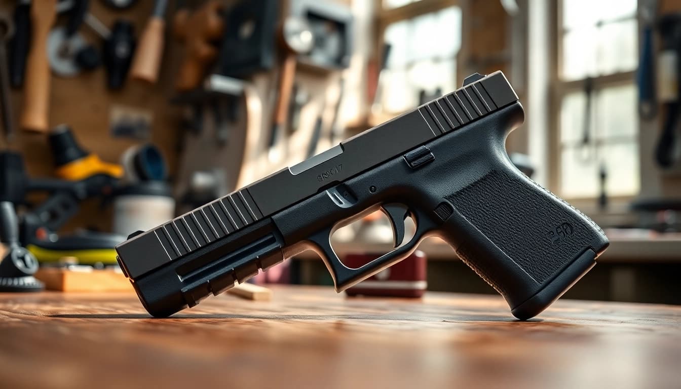 Showcasing a glock 17 slide for sale with detailed craftsmanship in a workshop setting.