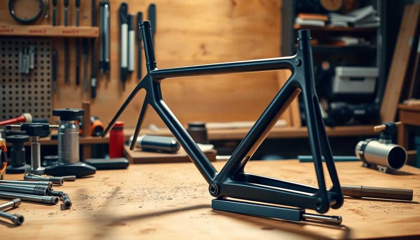 Assembling a pf940c frame kit with detailed ergonomic features on a workbench.