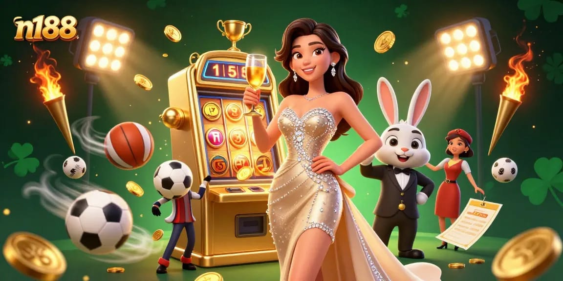 n188 Casino experience with a glamorous woman toasting beside a winning jackpot slot machine.