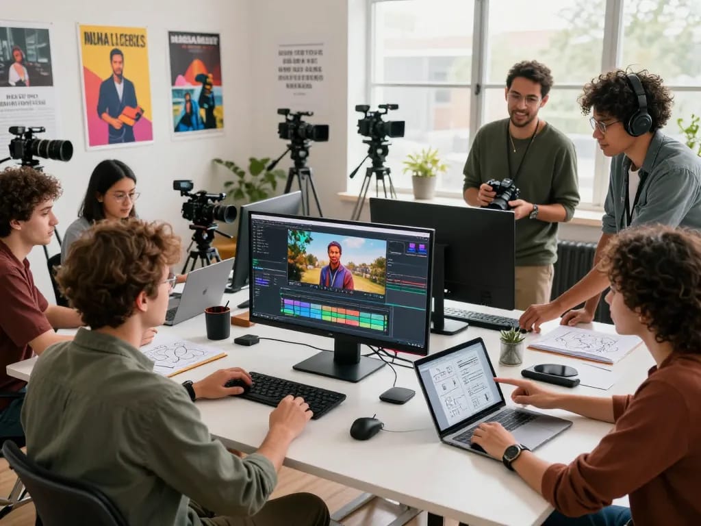 Dynamic video production studio where creators use ai seedance 2.0 for collaborative projects, showcasing modern tech and vibrant design.