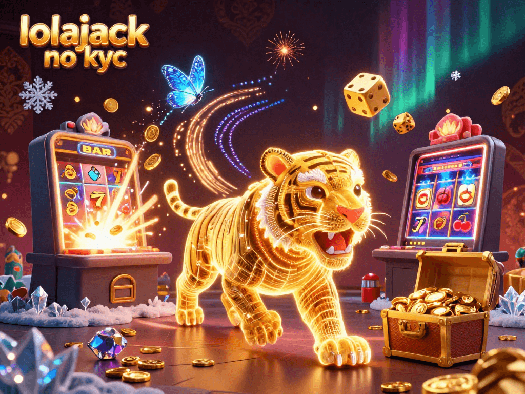 Experience the thrill of lolajack no kyc as a golden tiger prowls a vibrant digital casino.