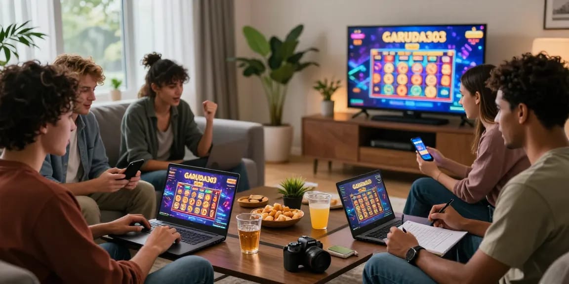 Friends enjoying GARUDA303 login experience while playing online slots in a cozy living room.