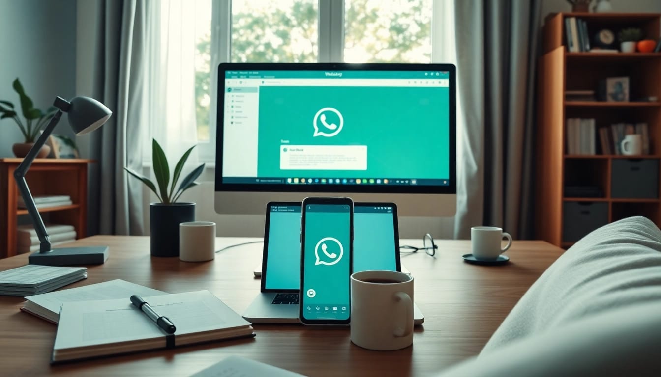 在现代家庭办公环境中，笔记本电脑上显示的 WhatsApp Web，强调高效沟通。