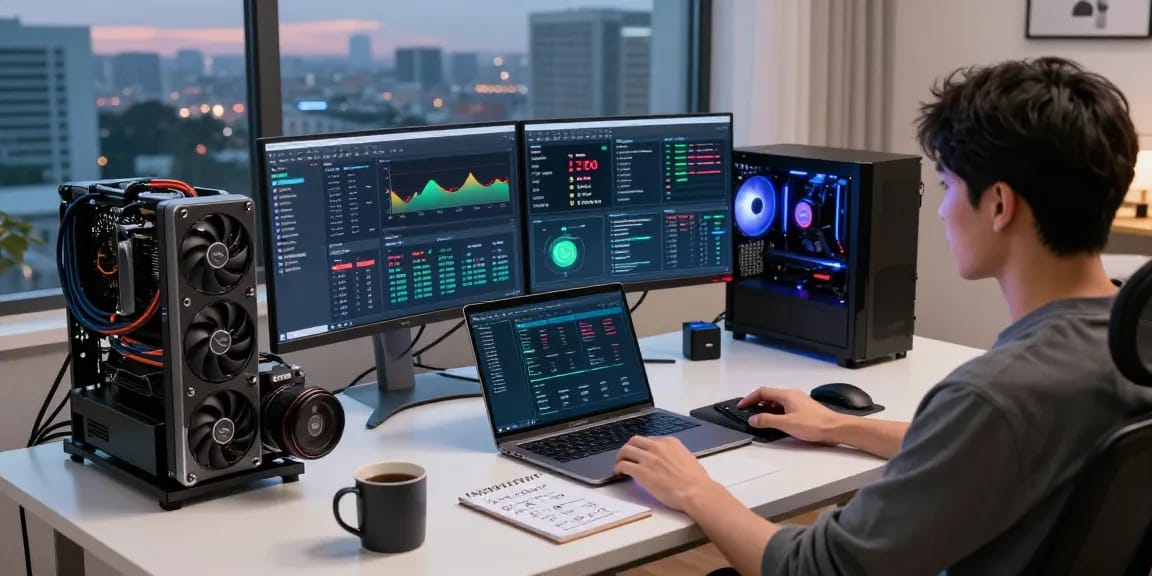 Mining crypto online in a modern office with multiple screens displaying blockchain analytics and high-performance hardware.