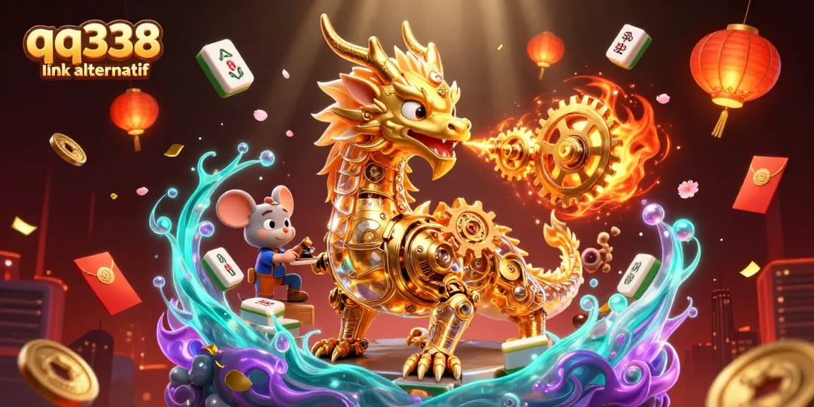 Explore the magical world of qq338 link alternatif with a golden dragon and casino elements bustling with action.