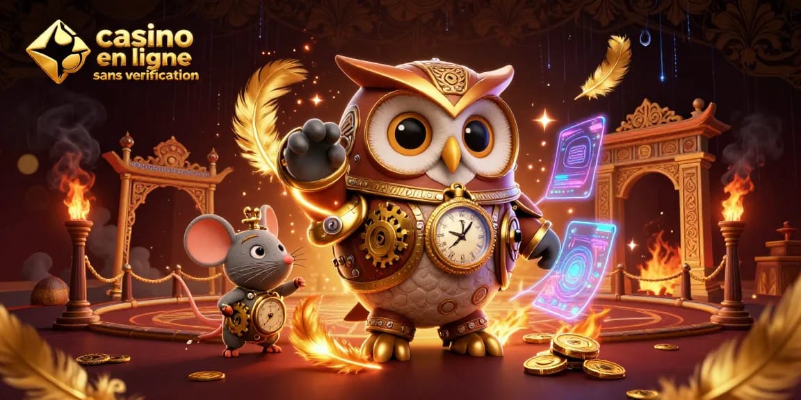 Engagez-vous avec un casino en ligne sans vérification mettant en vedette des visuels vibrants d'un hibou voyageur dans le temps parmi des éléments d'un casino magique.