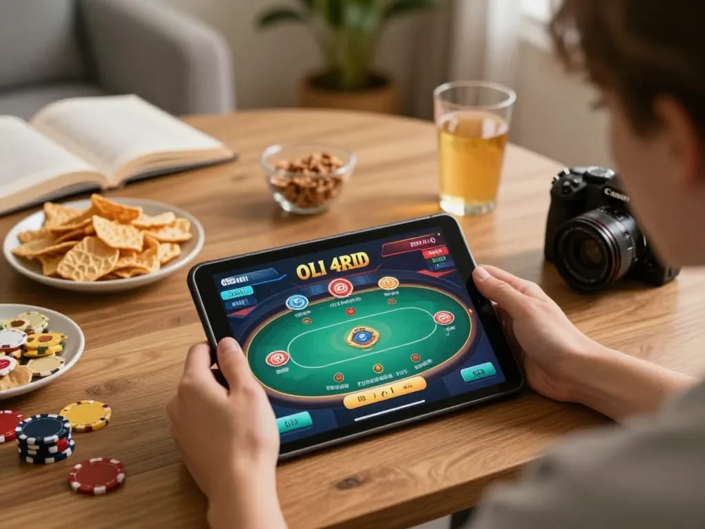Engaging in oli 4d online poker, vibrant gameplay on tablet with snacks and drinks.