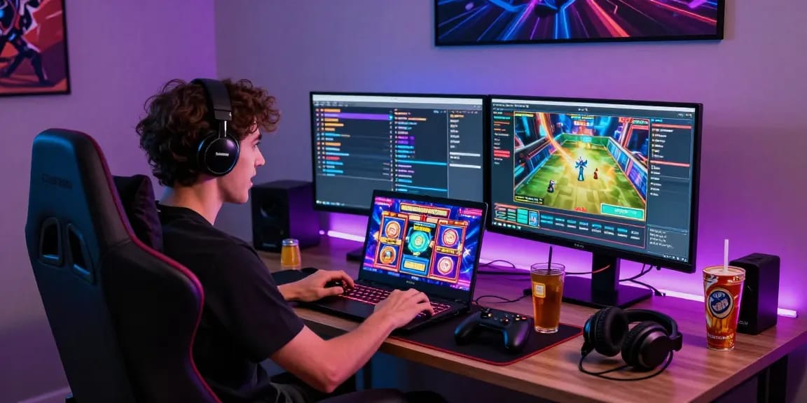 Excited player accessing garuda303 login on a laptop, vibrant slot graphics in a modern gaming setup.