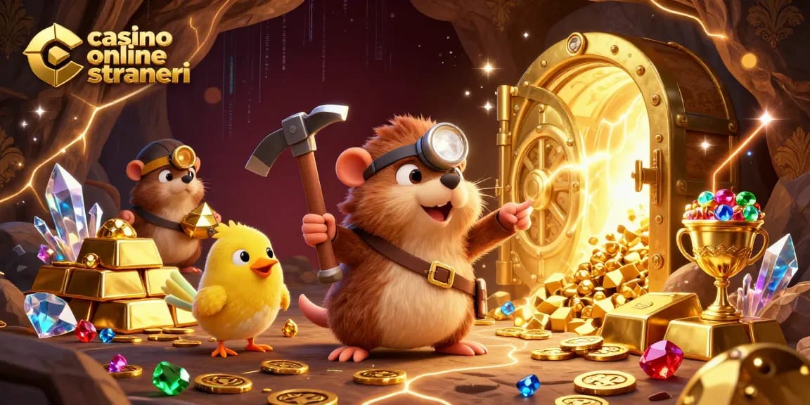 Interagisci con casinò online stranieri in una vivace scena 3D piena di tesori con personaggi e gemme.
