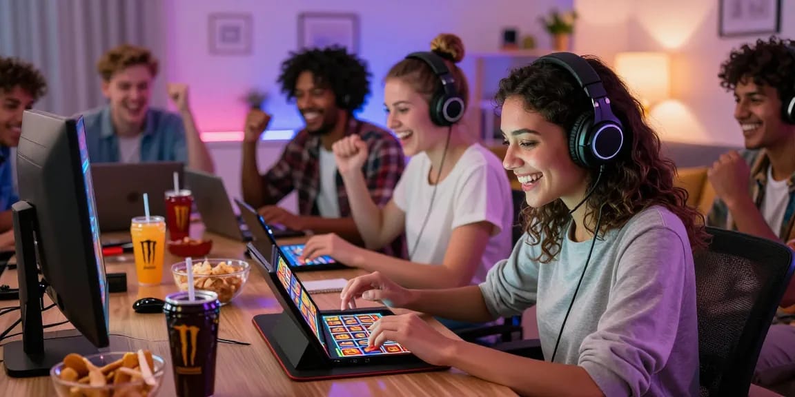 Exciting garuda303 login gaming scene with players enjoying vibrant slot games in a cozy setting.