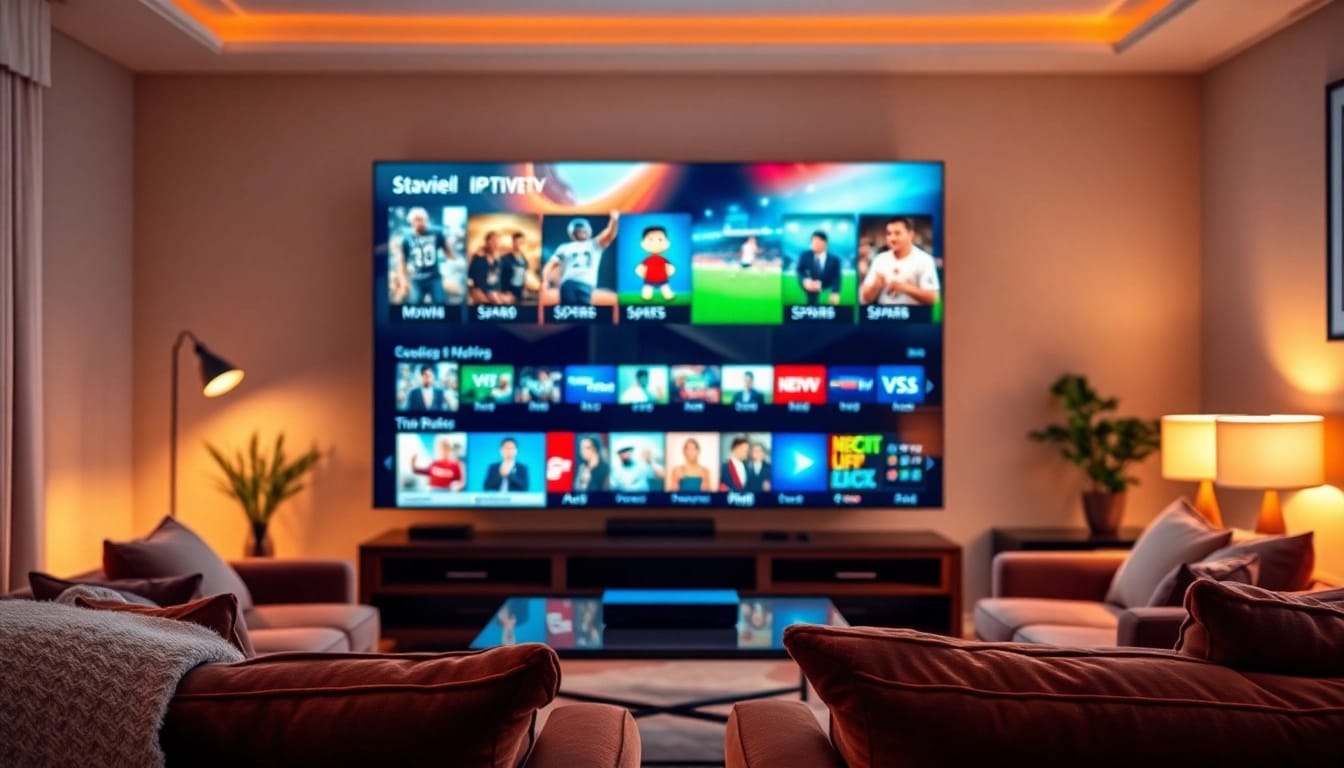 Suisse IPTV streaming setup in a cozy living room featuring diverse channel options.