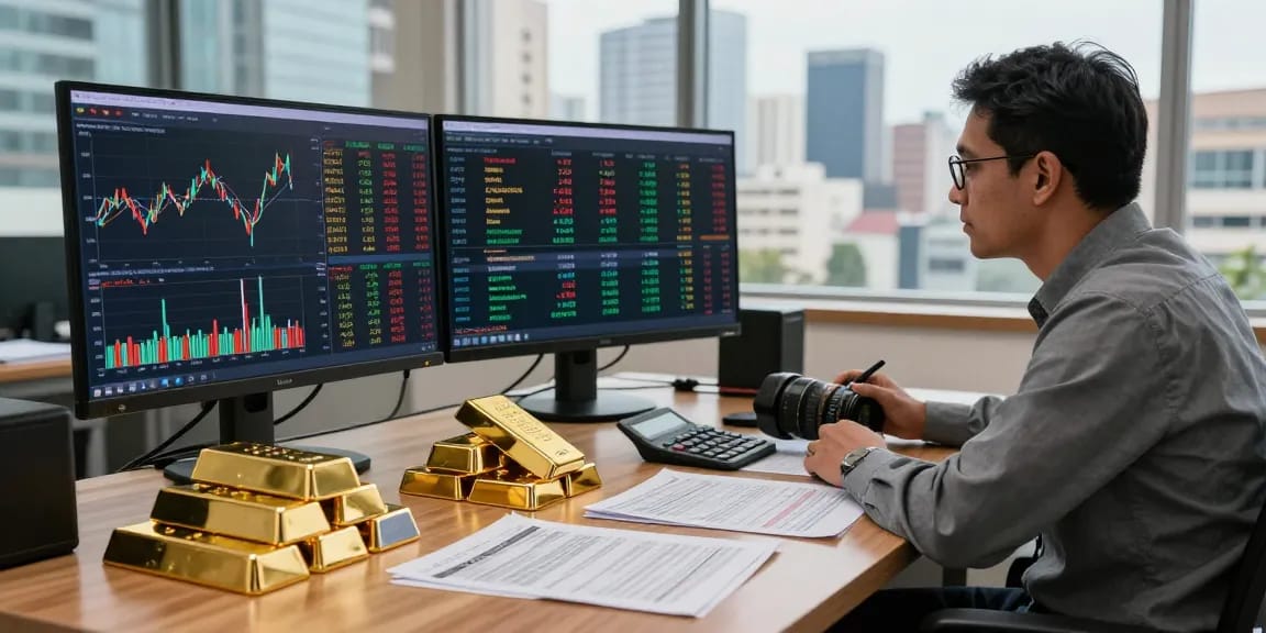 Gold price in Kenya today scene with analyst examining market data amidst financial reports and bullion.