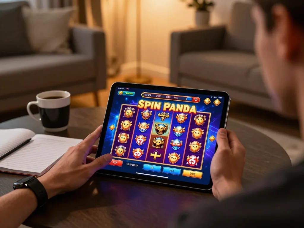 Engaging gameplay at Spin Panda online casino on a tablet in a cozy living room setting.
