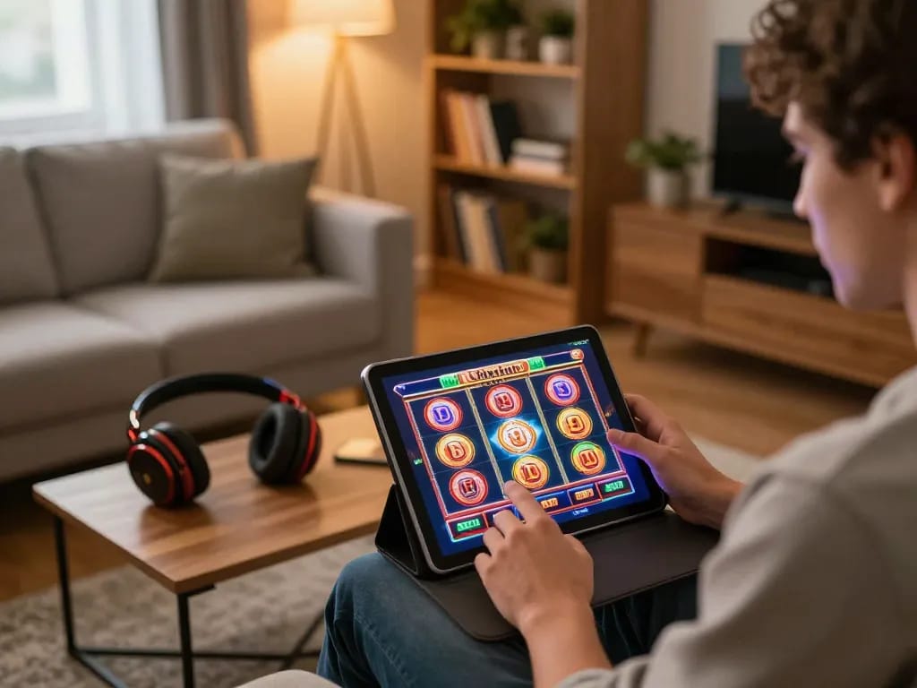 Player enjoying engaging slot game on tablet in cozy living room setting.