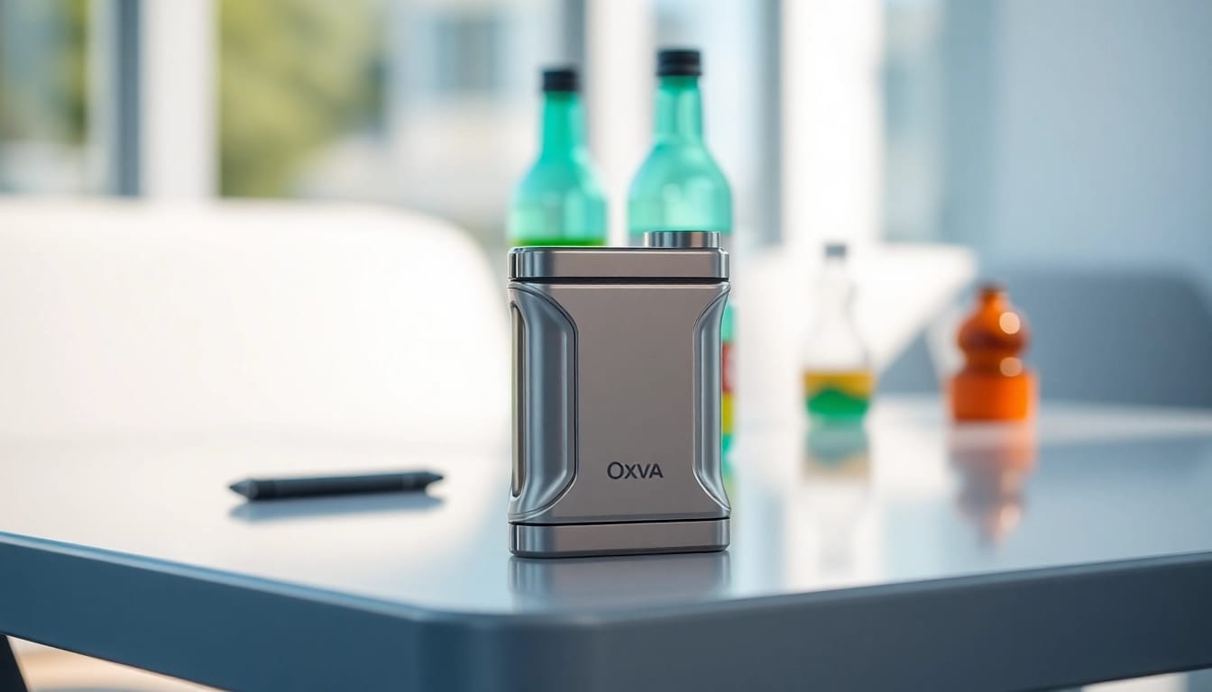 Oxva Vape-Gerät auf modernem Tisch mit einer einzigartigen, ergonomischen Gestaltung.