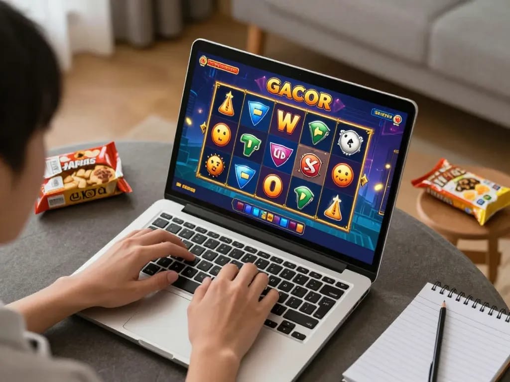 Playing toto slot gacor on a laptop in a cozy home environment, showcasing dynamic gaming action.