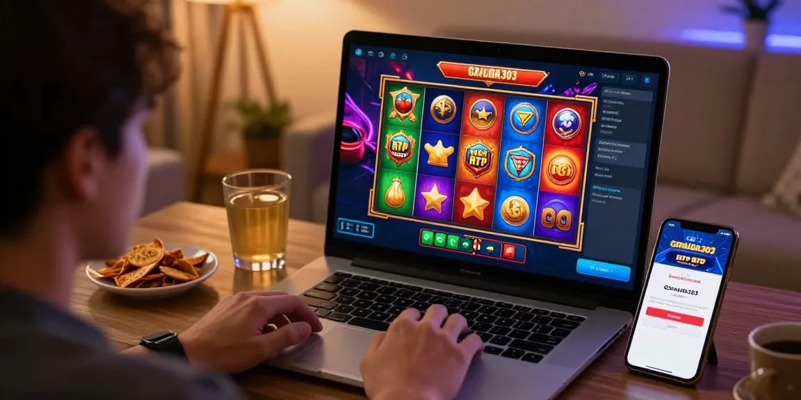 Player enjoying garuda303 login on modern gaming device with vibrant slot reels and cozy atmosphere.