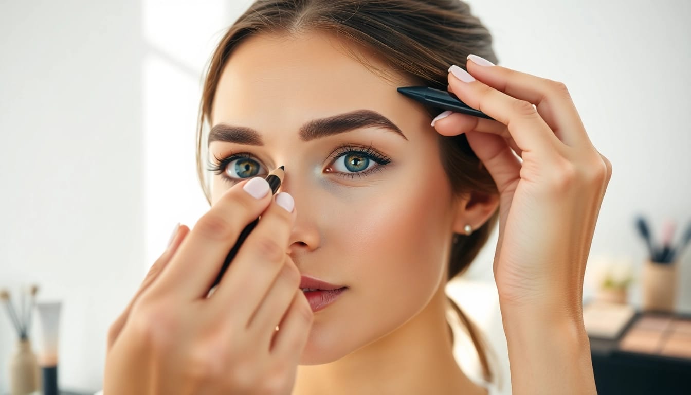 Enhancing pencil eyebrows with precision in a bright makeup studio setting.