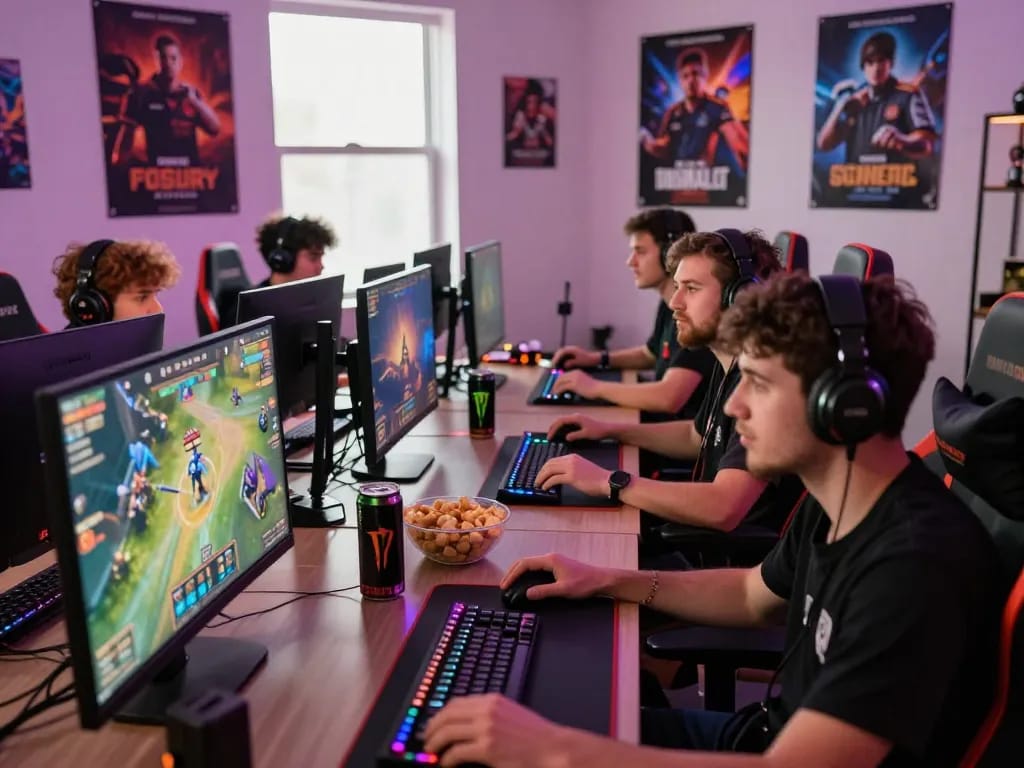 Engaged gamers at their desks enjoying nổ hũ hubet88 esports betting excitement with vibrant monitors.