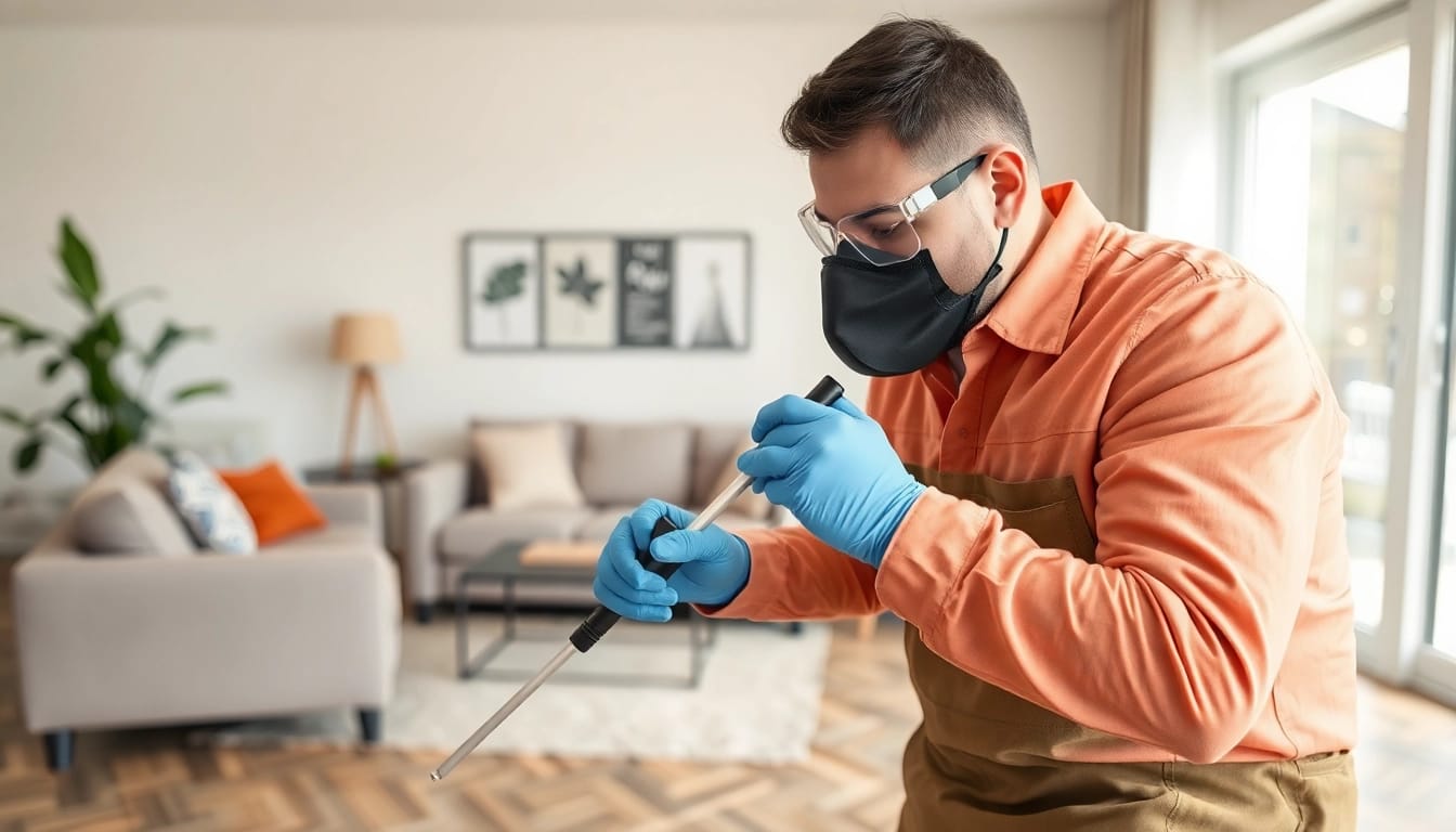 Person providing affordable bed bug treatment in a bright living room setting.
