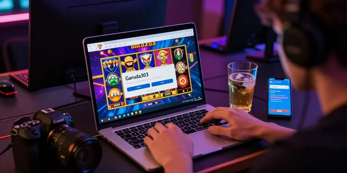 Accessing garuda303 login on a laptop with vibrant gaming graphics and cozy atmosphere.