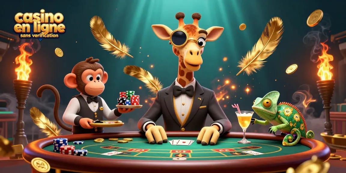 Vivez l'excitation dans un casino en ligne sans vérification avec une girafe high-roller, des jetons de jeu, et une ambiance dynamique.