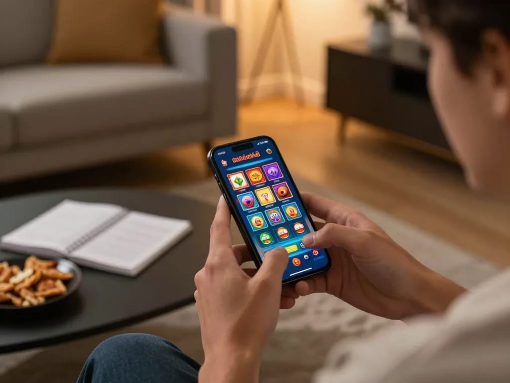 Engaging in สล็อตวอเลท mobile gaming on a smartphone in a cozy living room setting