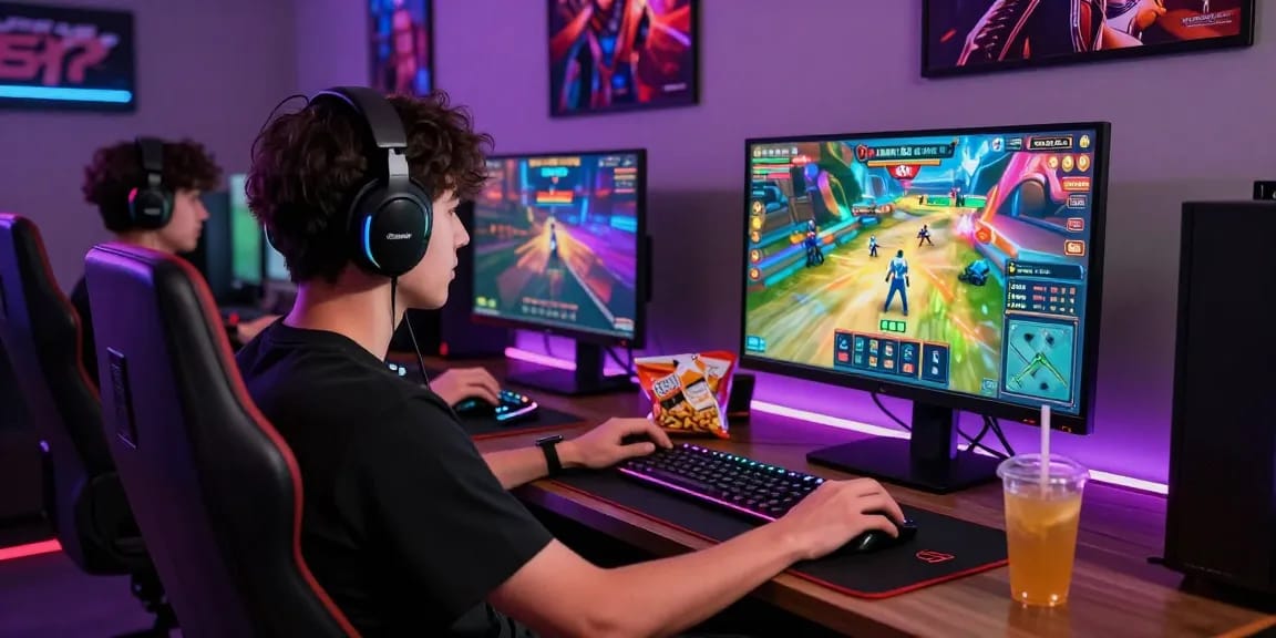 Gamer engrossed in garuda303 login screen with vibrant online slots.