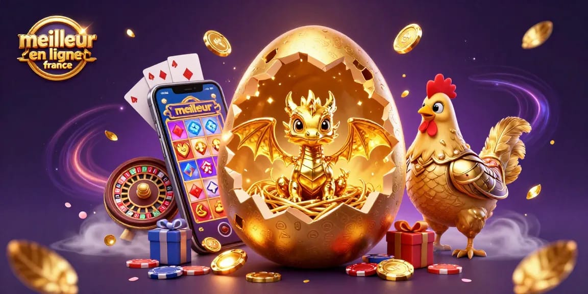 Visitez le meilleur casino en ligne en France et découvrez un dragon doré émergeant d'un œuf aux côtés de jetons de poker.