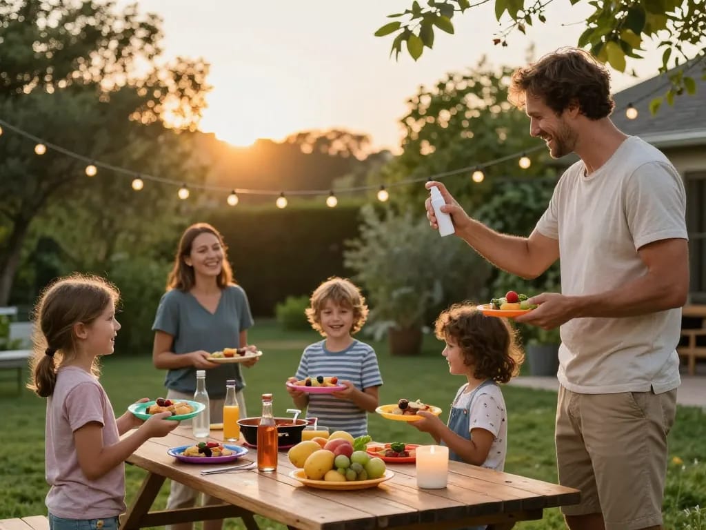 Family using mosquito repellent during summer barbecue, enjoying a mosquito-free outdoor gathering.